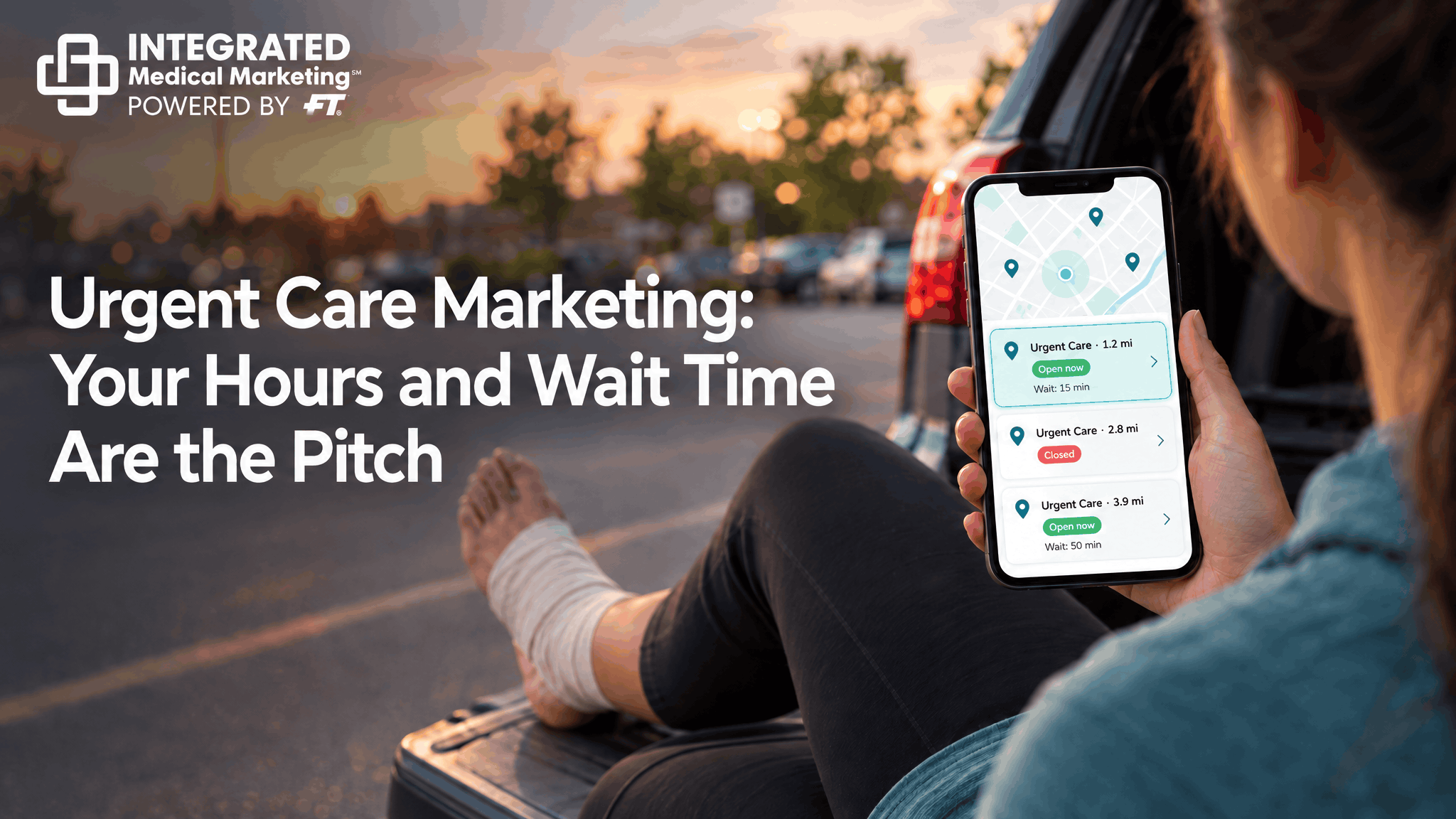 Urgent Care Marketing: Your Hours and Wait Time Are the Pitch Patient with a bandaged ankle comparing nearby urgent care hours and wait times on a phone in a parking lot